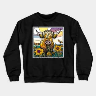 Sunflower Stained Glass Highland Cow #11 Crewneck Sweatshirt